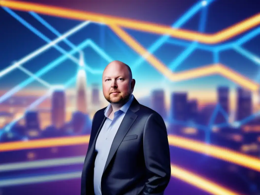 Marc Andreessen, pionero de los navegadores, irradia innovación y liderazgo en un entorno digital futurista
