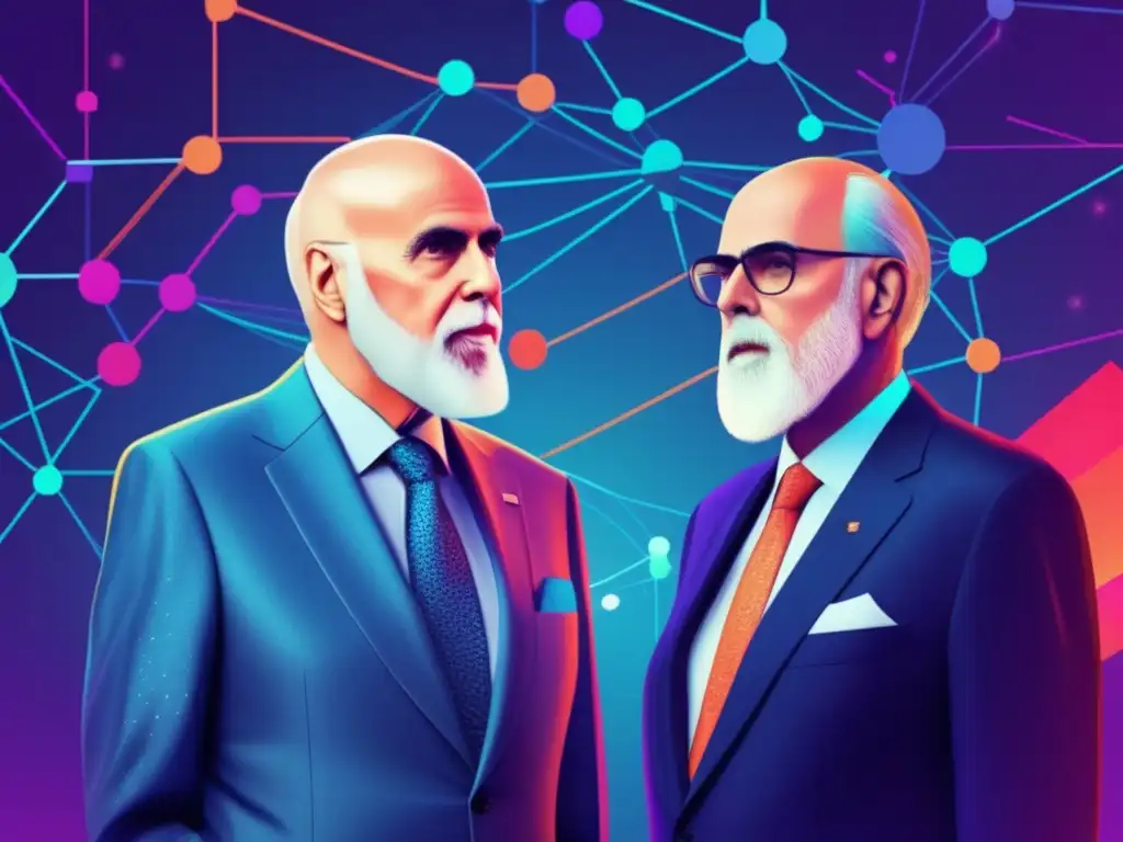 Dos pioneros de internet, Vint Cerf y Bob Kahn, rodeados de una red digital intrincada y colorida