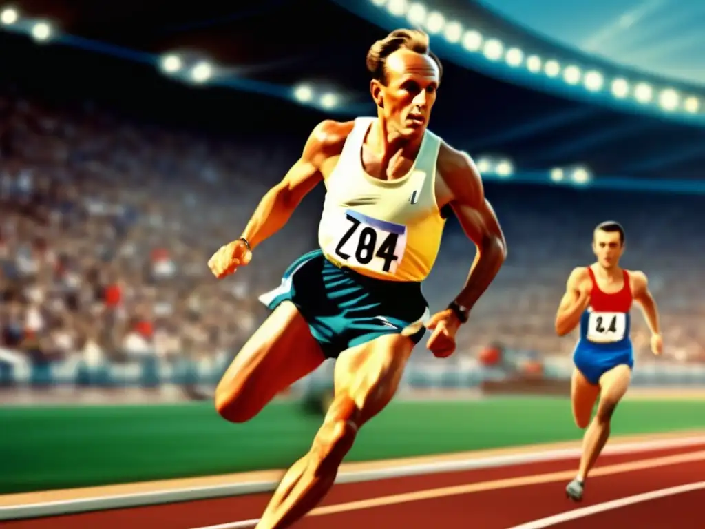 Emil Zátopek corriendo con determinación en una pista, capturando su fuerza y velocidad