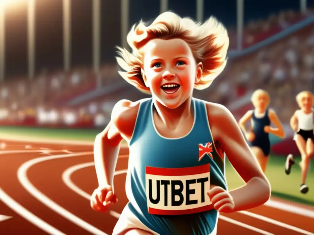 Betty Cuthbert corriendo con determinación en la pista, simbolizando el inicio de su carrera olímpica