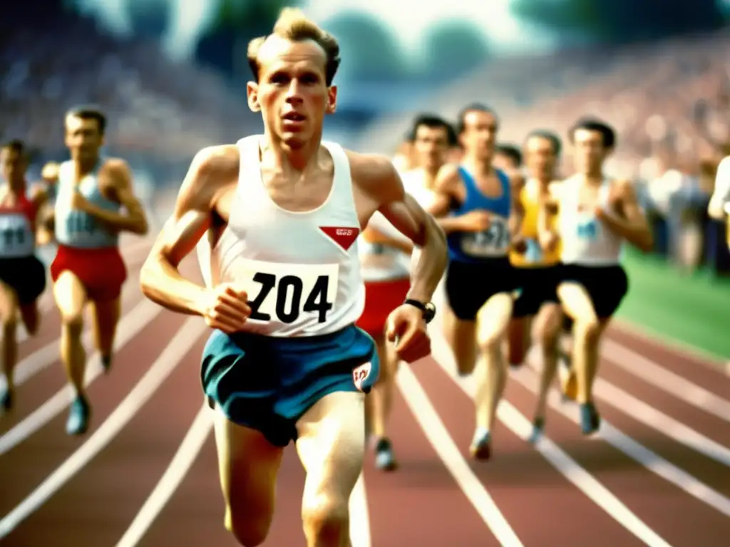 Emil Zátopek corriendo en pista, rostro de determinación y agotamiento