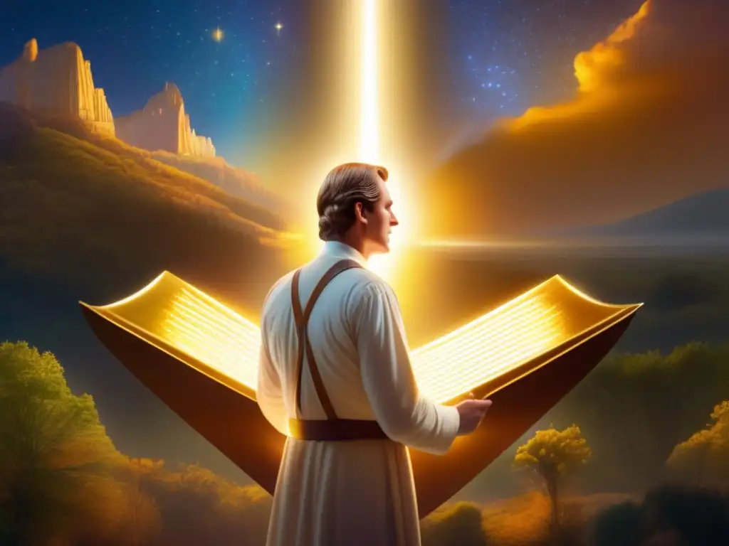 Joseph Smith traduce placas doradas en una escena de revelación divina y conexión espiritual intensa