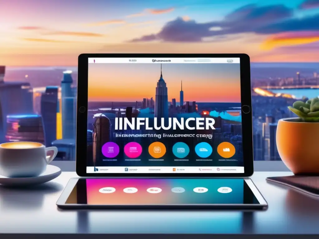 Un plan de marketing de influencers en redes sociales se muestra en una tableta digital con gráficos vibrantes y datos, junto a una ciudad bulliciosa