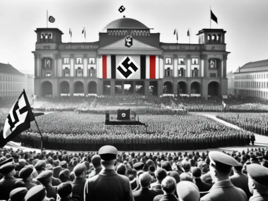 En una plaza abarrotada, una imponente concentración de propaganda nazi