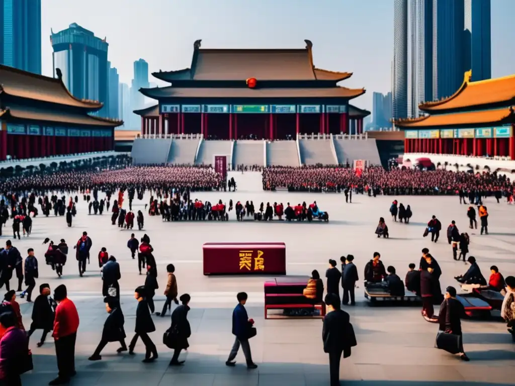 Una plaza bulliciosa en China, con rascacielos modernos y gente en movimiento