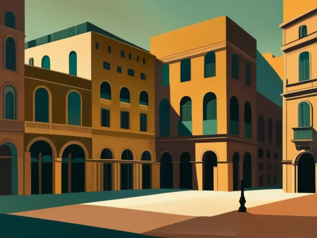 Una plaza desierta con perspectivas surrealistas y sombras alargadas, reminiscente de la pintura metafísica Giorgio de Chirico