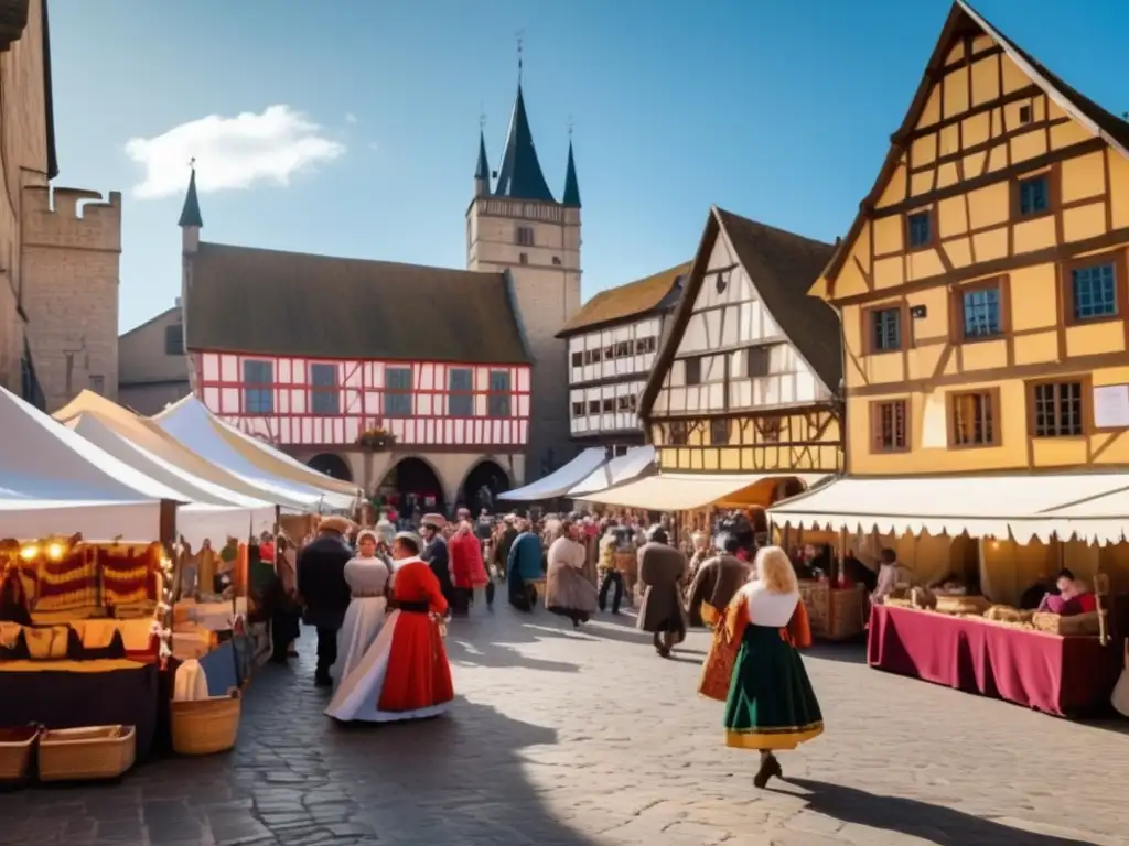Plaza medieval llena de festividades a lo largo del tiempo, gente vestida de época, bailes y música tradicional