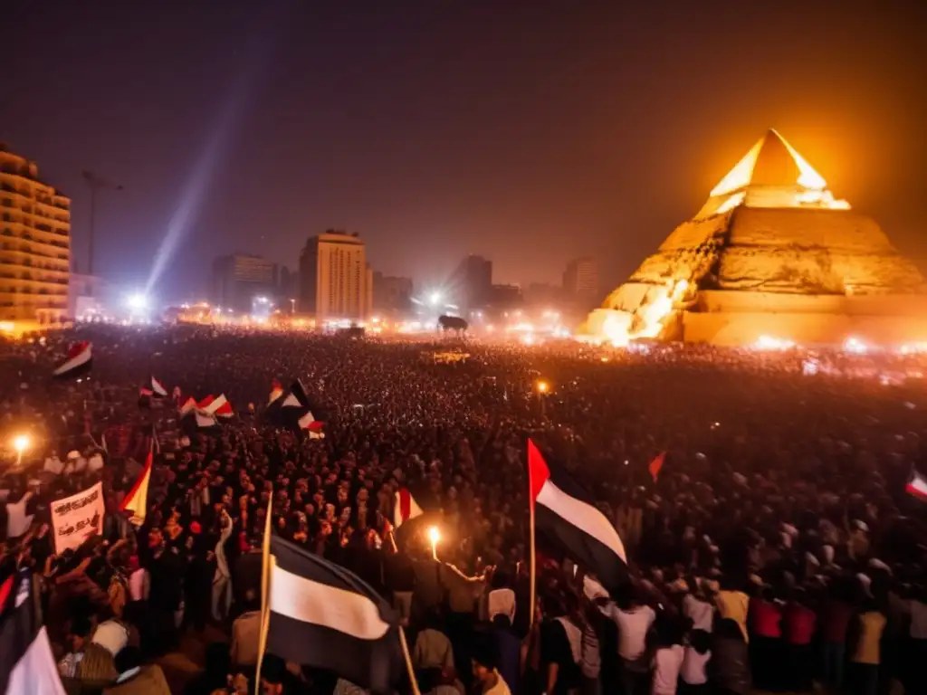 En la Plaza Tahrir, una multitud iluminada por antorchas y luces de teléfonos muestra su ferviente energía en protesta, exigiendo cambio en Egipto