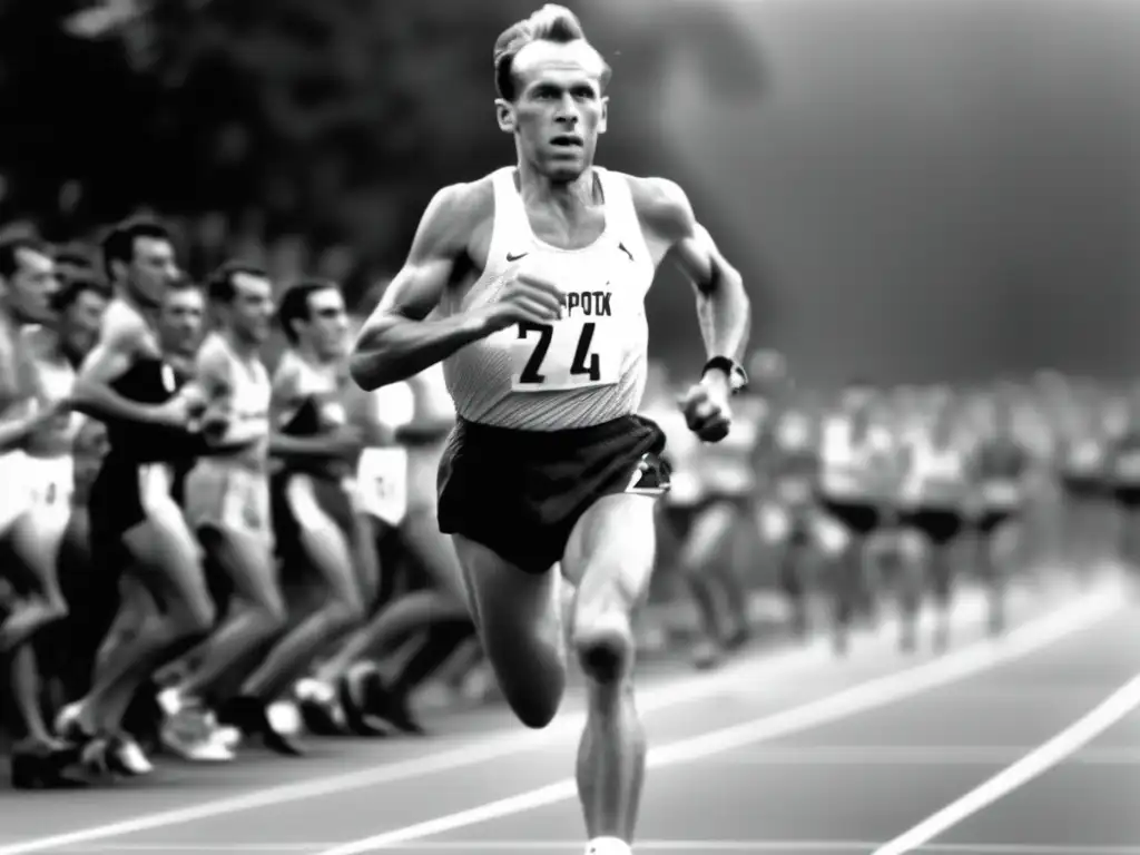 Emil Zátopek en plena carrera, con el rostro lleno de determinación y el sudor brillando en su frente