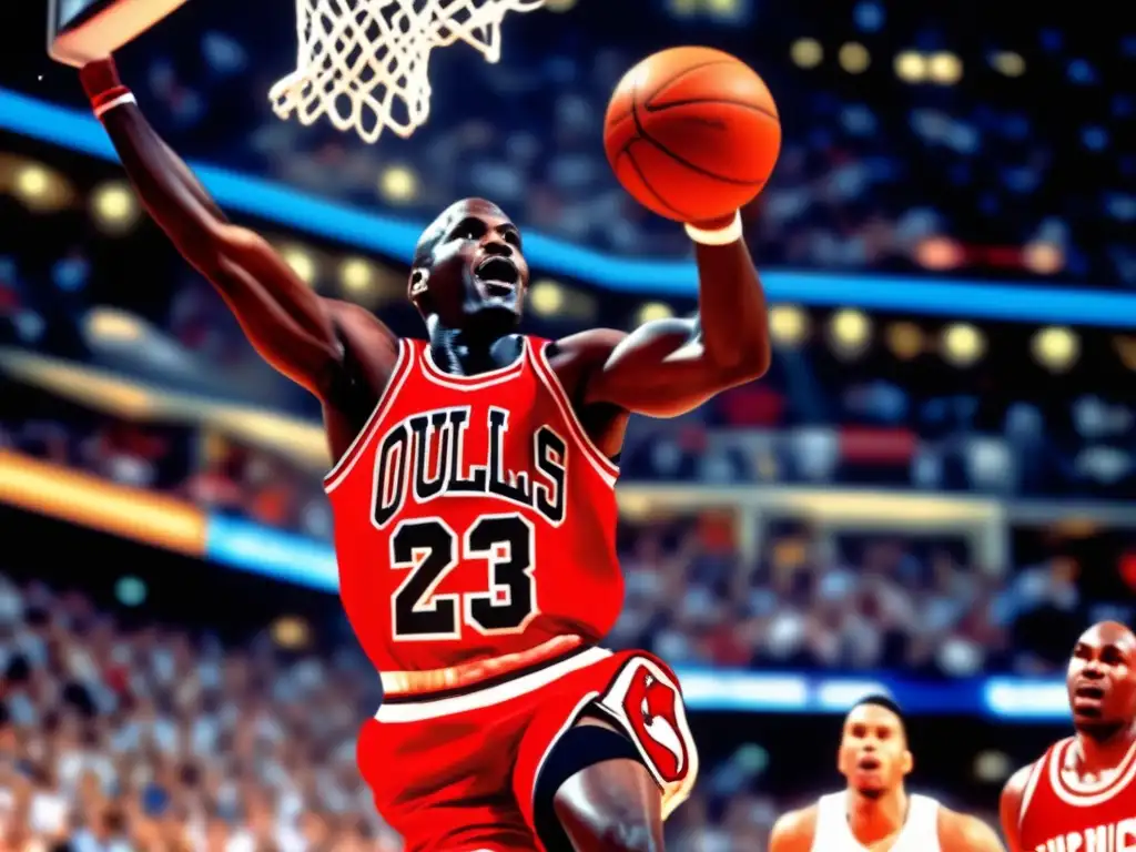 Michael Jordan en pleno salto, realizando un potente mate olímpico