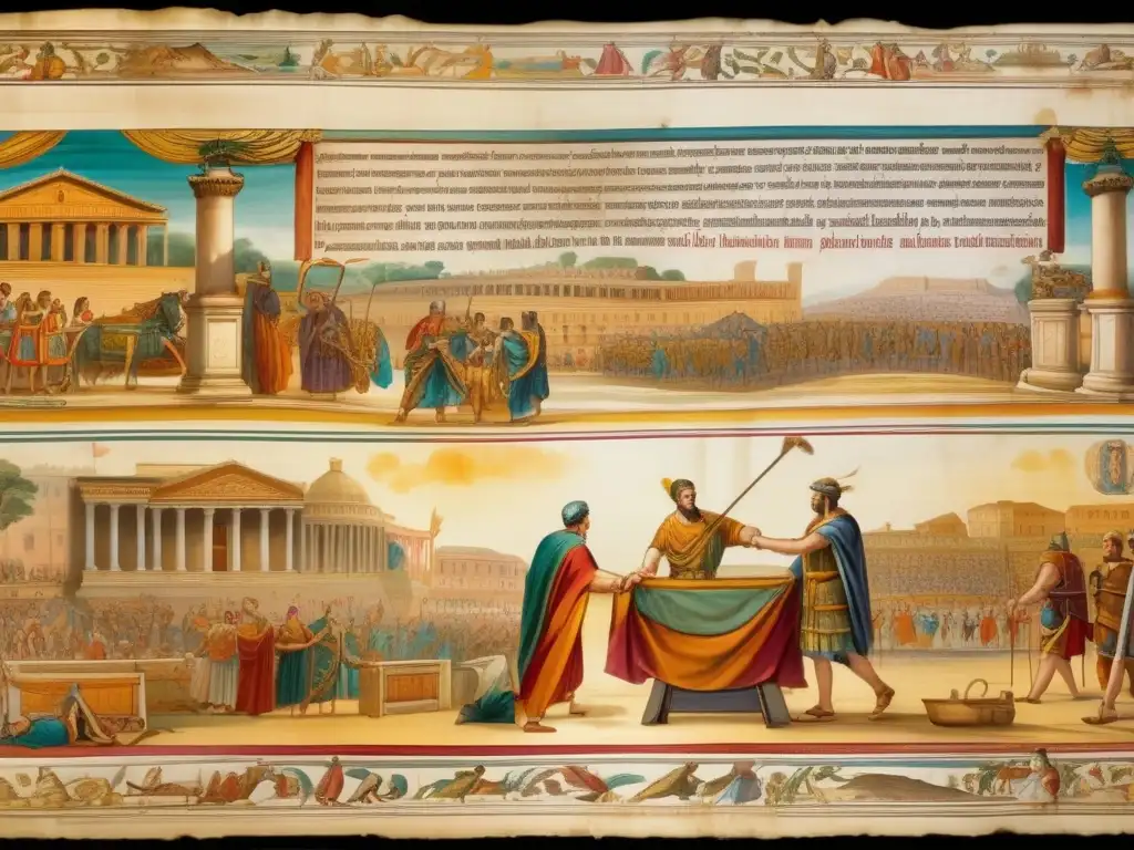 Plinio el Joven documenta tradiciones romanas en un antiguo pergamino desplegado con ilustraciones detalladas y texto en latín