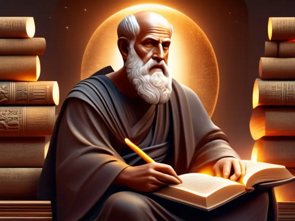 Plotino, filósofo neoplatónico, medita rodeado de sabiduría antigua