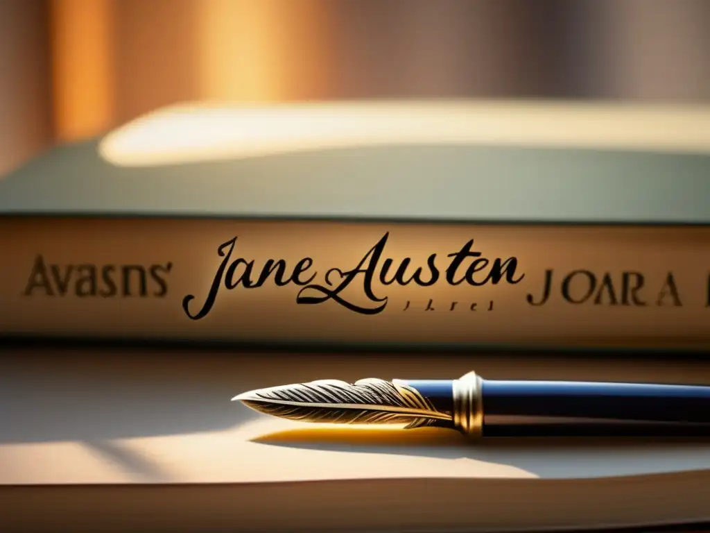 Una pluma de escribir antigua descansa sobre un libro abierto con el nombre de Jane Austen