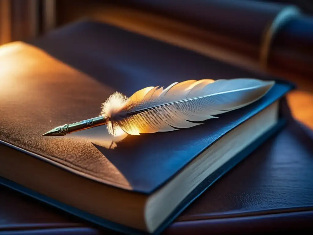 Una pluma antigua descansa sobre un libro de Victor Hugo, bañada por la cálida luz del sol