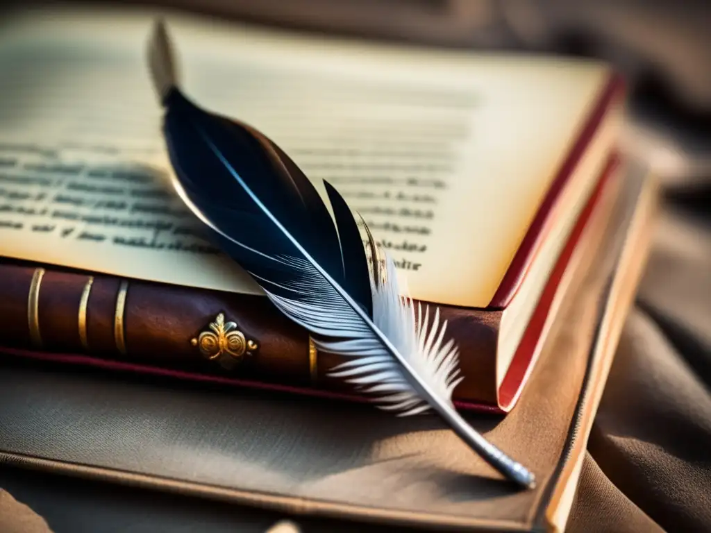 Sumérgete en la literatura rusa con esta fotografía detallada de una pluma vintage sobre 'Guerra y Paz' de Tolstoy Una pluma de ave antigua descansa sobre 'Guerra y paz' de Tolstói, mostrando detalles en alta definición