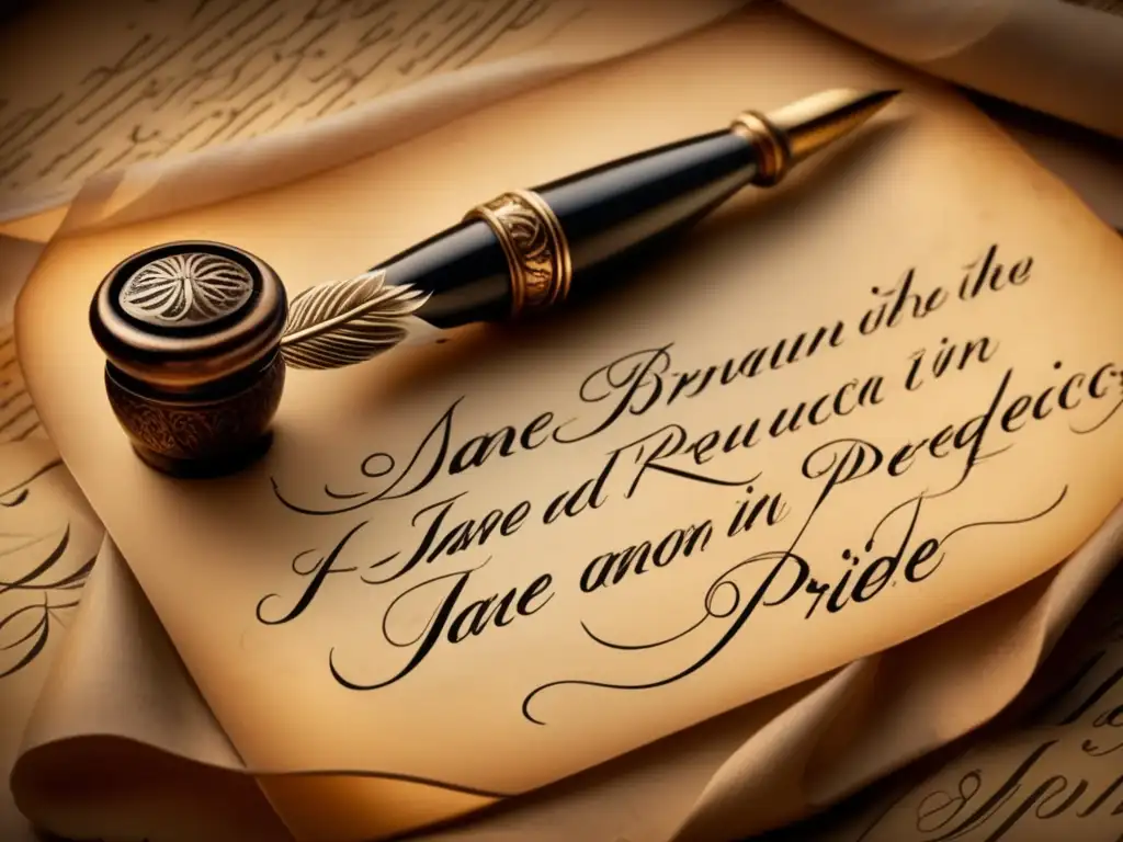 Una pluma vintage descansa sobre pergamino, escribiendo con ironía y ingenio Jane Austen