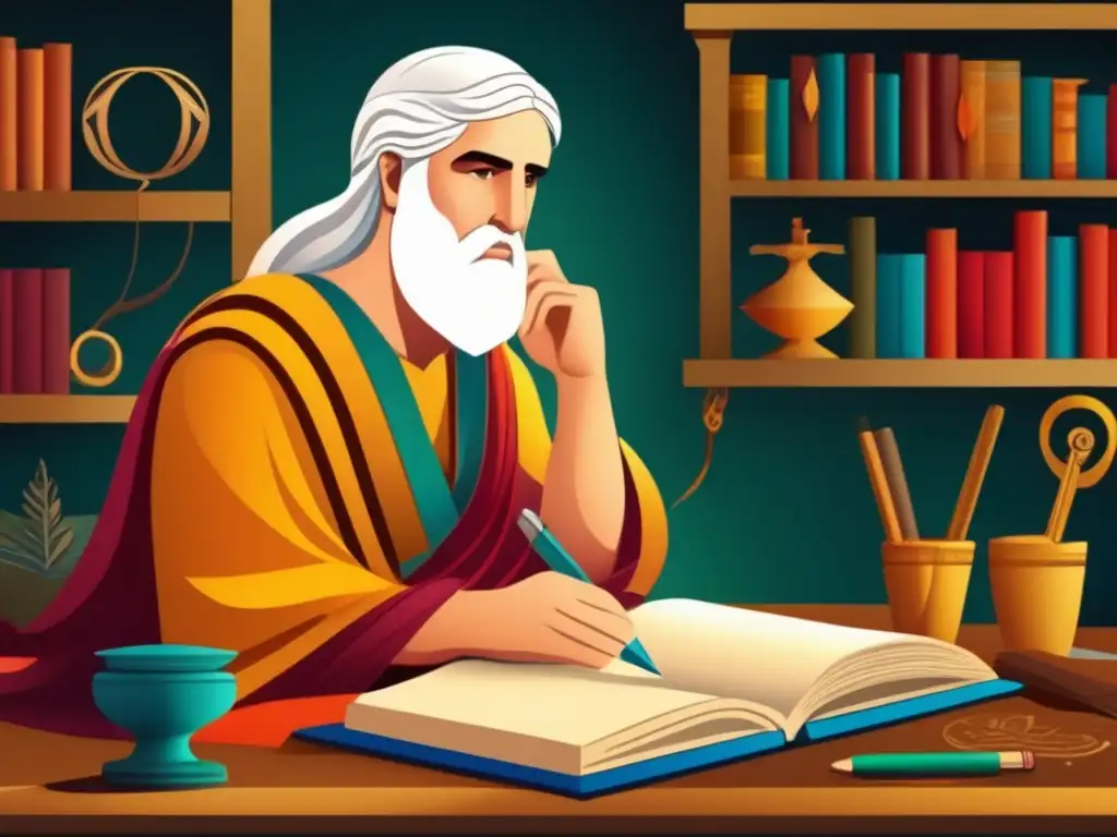 Plutarcho, historiador griego, reflexiona sobre 'Vidas Paralelas' rodeado de rollos y herramientas de escritura