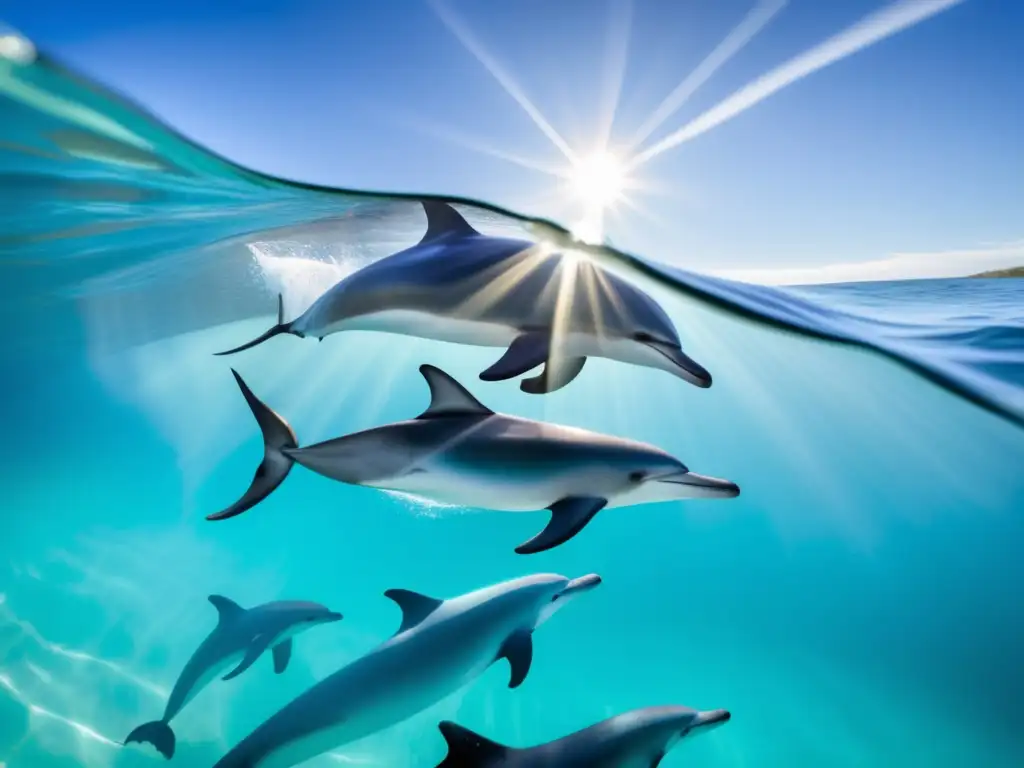 Un pod de delfines nadando en aguas cristalinas, comunicándose y jugando en su hábitat natural
