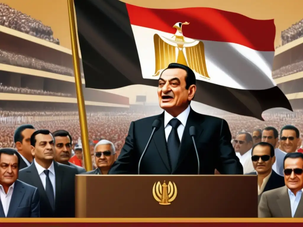 Con Hosni Mubarak en el poder, una multitud lo escucha con reverencia, la bandera de Egipto ondea detrás