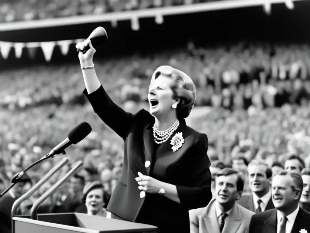 Una poderosa Margaret Thatcher dando un apasionado discurso, con su icónico bolso en una mano y un micrófono en la otra