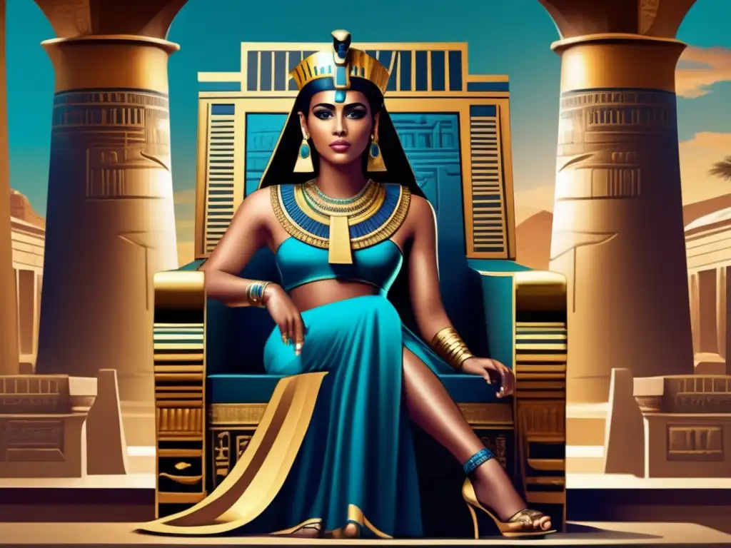 Una poderosa representación artística de Cleopatra última faraona influencia histórica, exudando confianza y autoridad en un trono, rodeada de arquitectura egipcia
