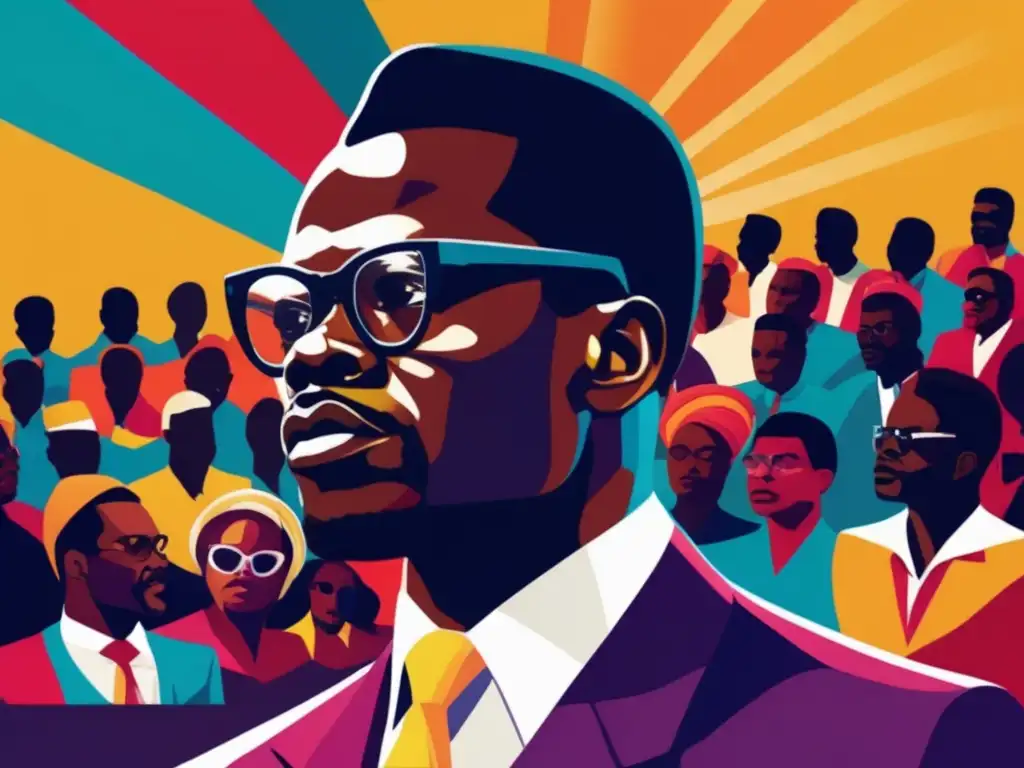 Patrice Lumumba ofrece una poderosa filosofía política a la multitud en una obra digital moderna y vibrante
