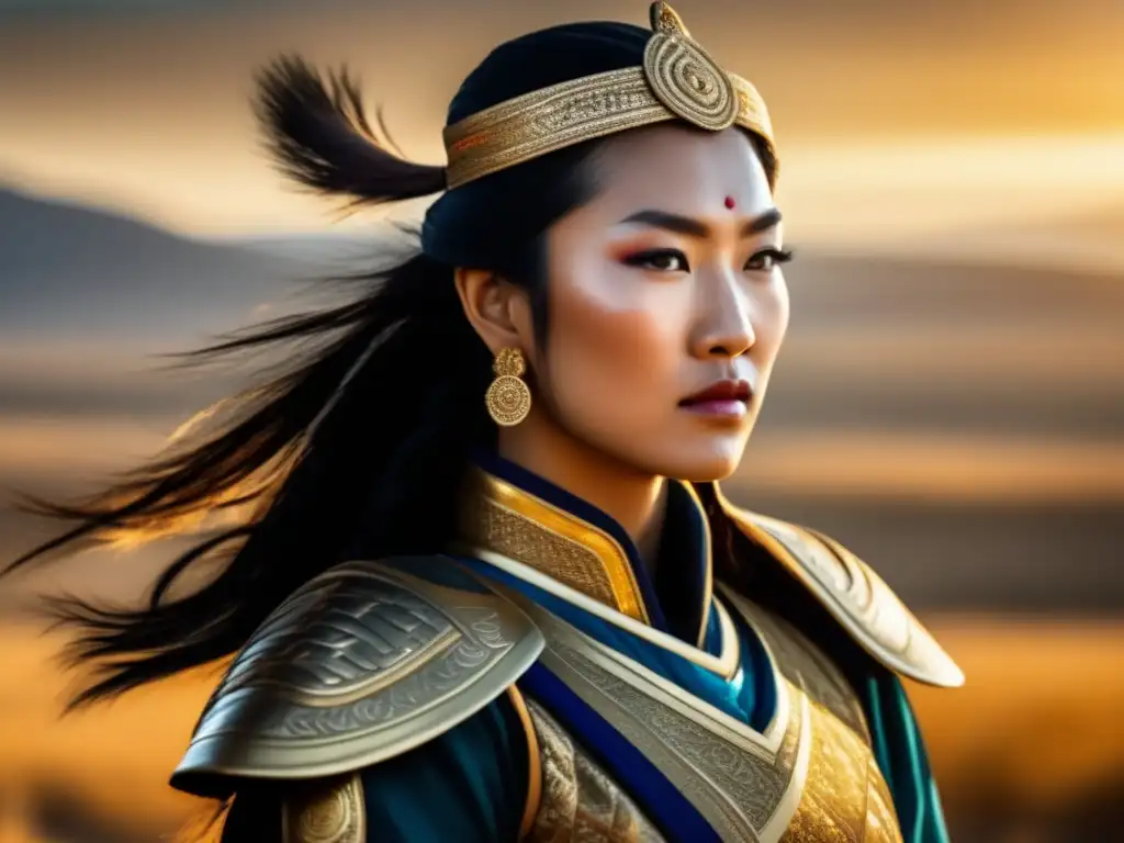 Una poderosa y orgullosa Princesa Khutulun guerrera mongol, con expresión decidida, en las vastas estepas bajo la cálida luz del sol