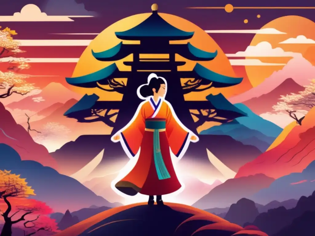 La poderosa Reina Himiko, líder chamanista de Japón, se alza en la cima de una montaña, rodeada de brumas y árboles antiguos