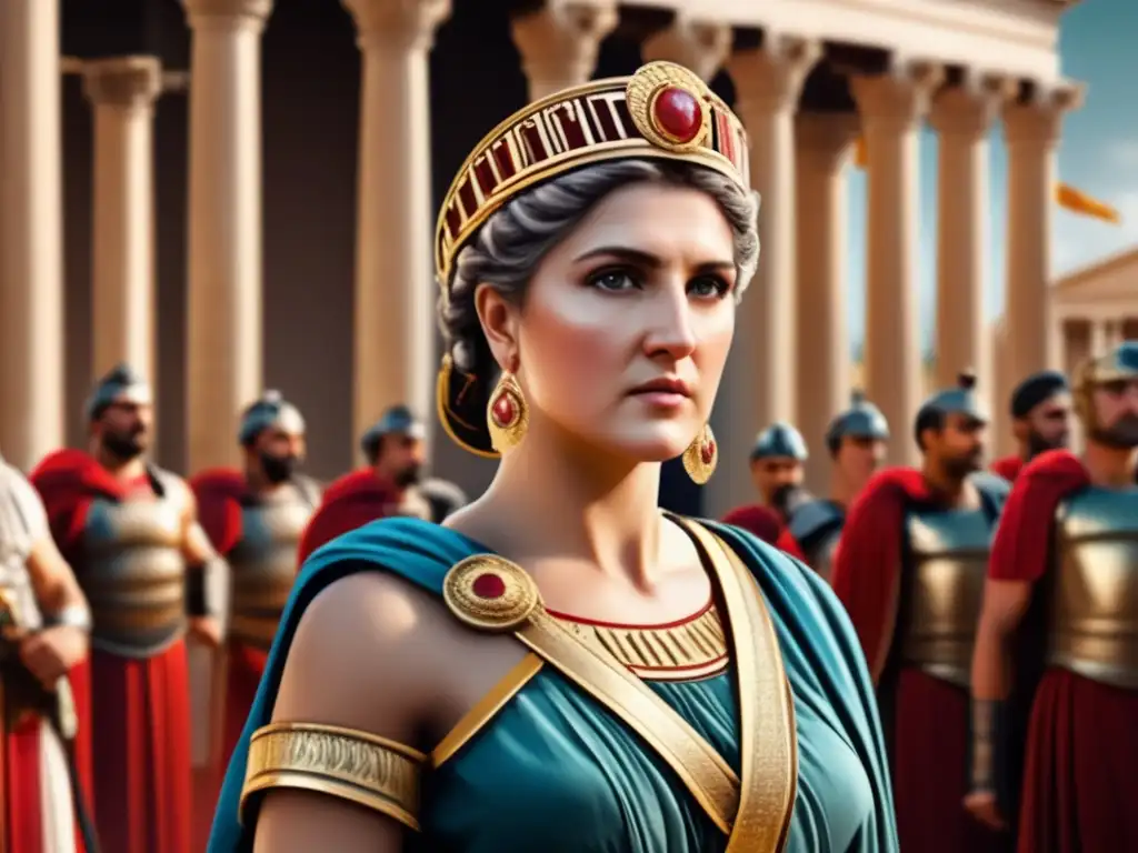 Una poderosa representación de Agripina la Menor en su ascenso al poder, rodeada de leales consejeros y soldados