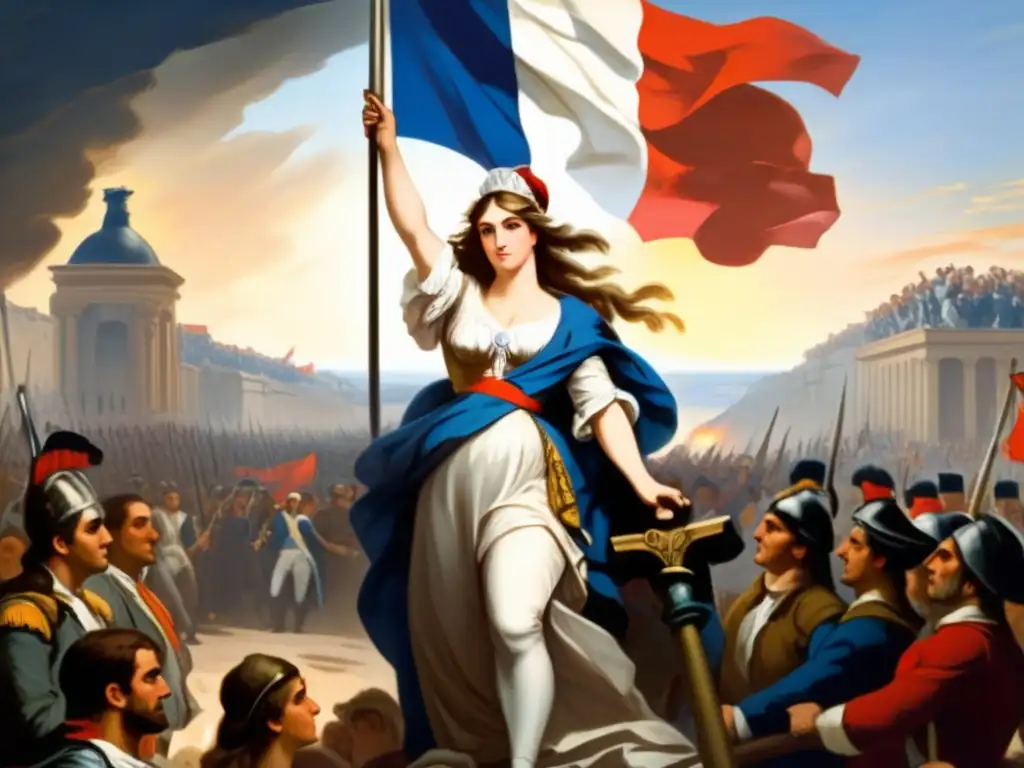 Una poderosa representación de Marianne, el símbolo de la República Francesa, liderando la lucha por la libertad y la igualdad en vibrantes colores y trazos dinámicos