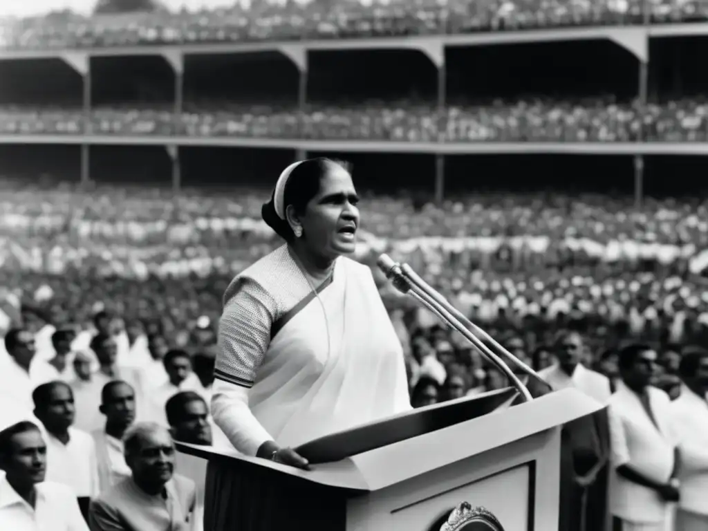 Una poderosa Sirimavo Bandaranaike da un discurso frente a una multitud, irradiando fuerza y liderazgo como la primera mujer primera ministra