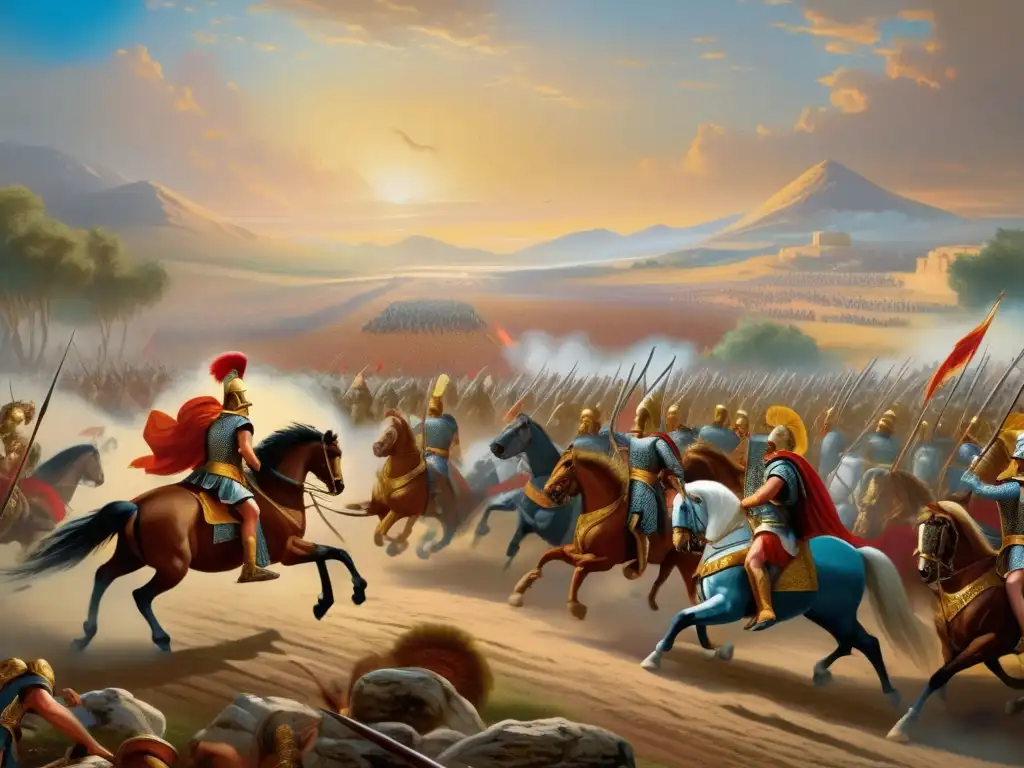 Una poderosa representación de Alejandro Magno liderando sus tropas a la batalla, mostrando la intensidad y grandeza de sus conquistas