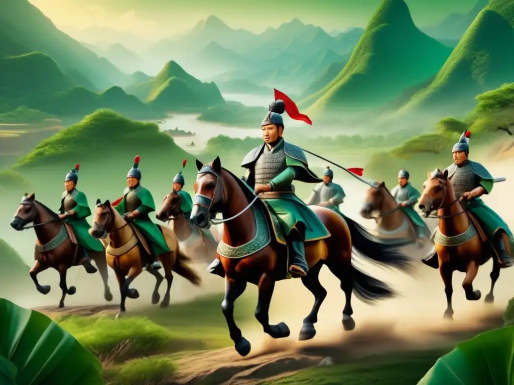 Un poderoso Ban Chao general lidera su expedición en China, rodeado de exuberantes montañas verdes y luciendo armaduras detalladas