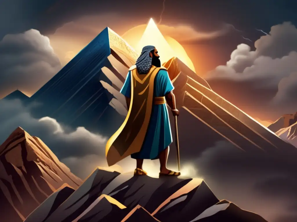 El poderoso Moisés en el Monte Sinaí - Ilustración digital Un poderoso Moisés en la cima de Monte Sinaí, con los Diez Mandamientos