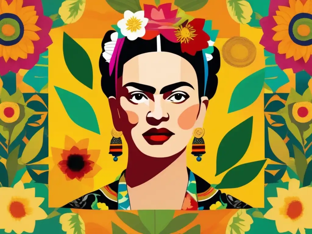 Un poderoso collage digital de Frida Kahlo y su influencia en el arte mexicano, con colores vibrantes y patrones dinámicos