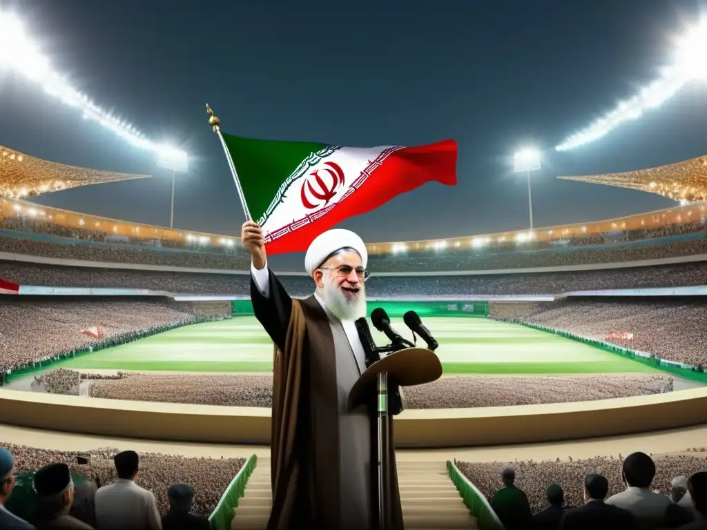 Ali Khamenei entrega un poderoso discurso en un estadio repleto, con la bandera de Irán de fondo