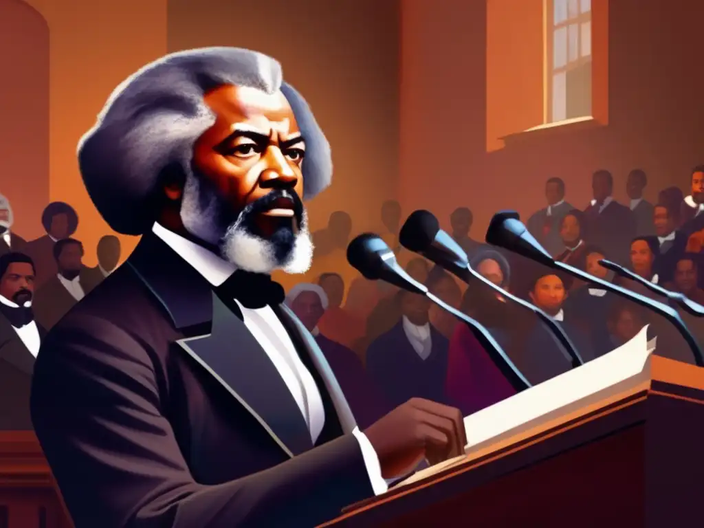 Frederick Douglass entrega un poderoso discurso, con una mirada intensa y postura elocuente, rodeado de una audiencia diversa y comprometida
