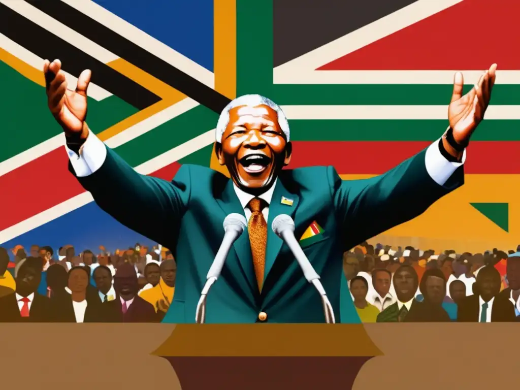 Nelson Mandela entrega un poderoso discurso, uniendo a una multitud diversa bajo la bandera sudafricana