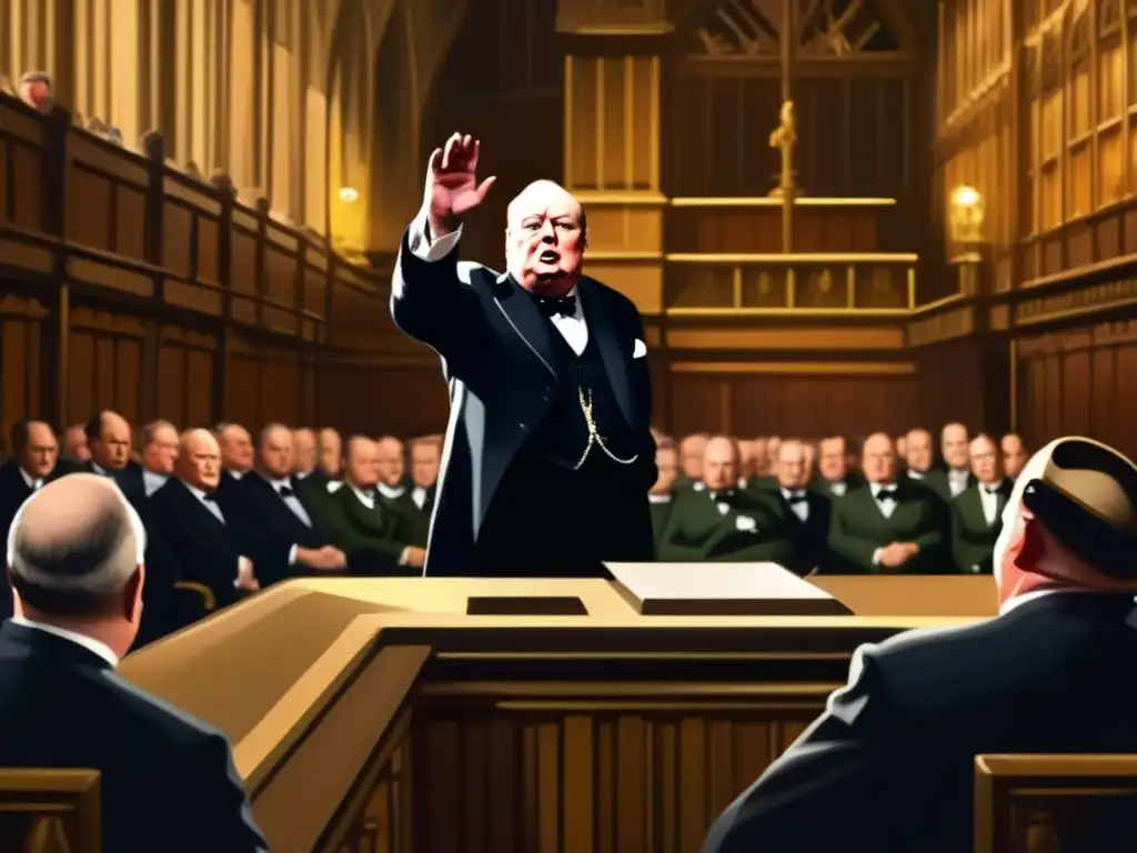Winston Churchill pronuncia un poderoso discurso en el Parlamento durante la Segunda Guerra Mundial, transmitiendo determinación y resolución