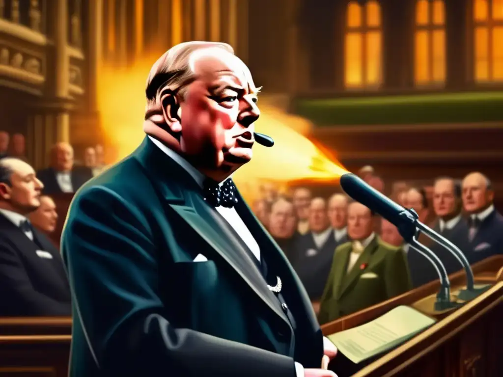 Winston Churchill pronuncia un poderoso discurso en el Parlamento durante la Segunda Guerra Mundial, mostrando su determinación y liderazgo
