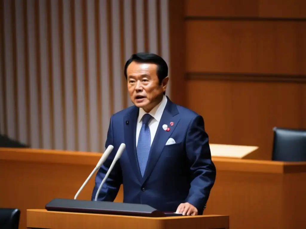 El poderoso discurso de Taro Aso en el parlamento japonés, proyectando influencia y autoridad