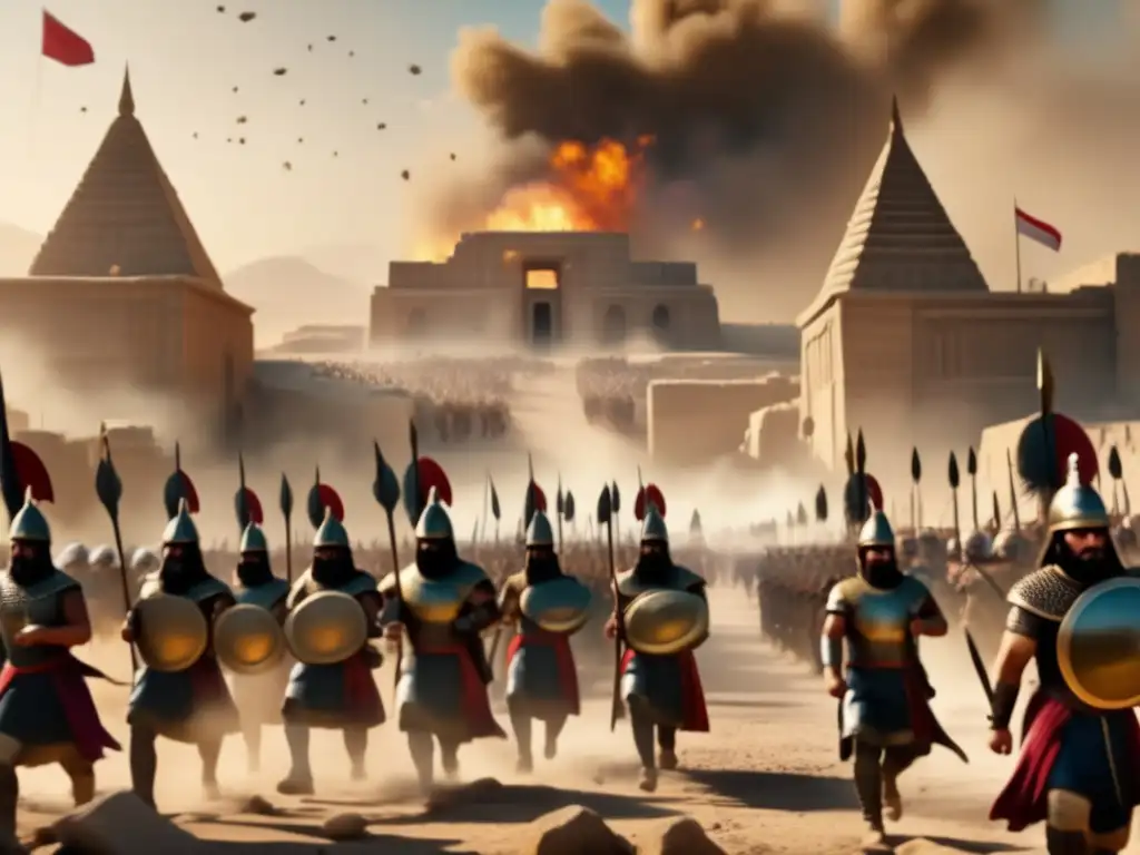 El poderoso ejército asirio marcha triunfante por una ciudad conquistada, mostrando su estrategia y hegemonía en un imperio implacable