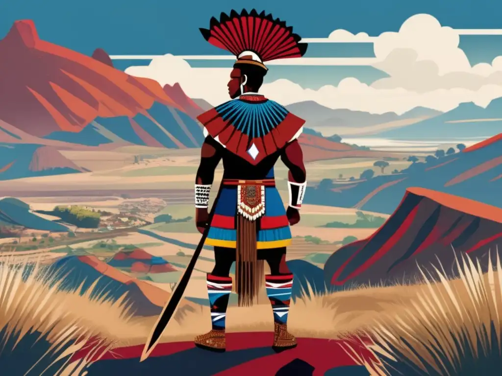 Un poderoso guerrero Zulú lidera desde lo alto de una colina, rodeado de un paisaje épico