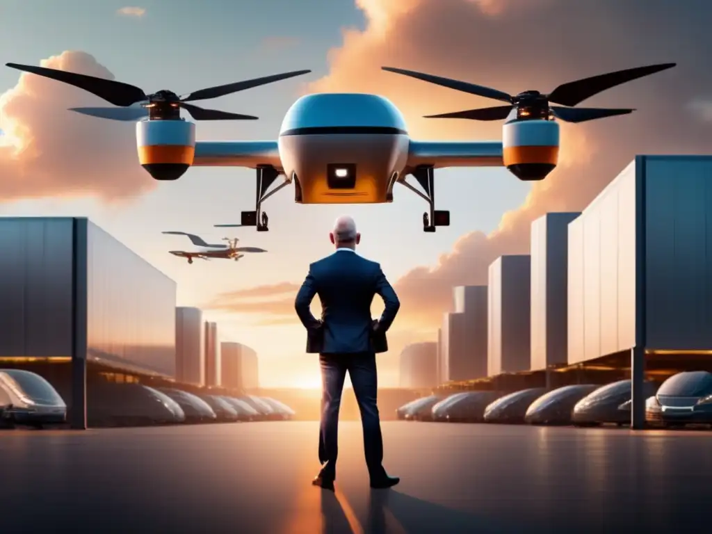 Un poderoso Jeff Bezos supervisa su imperio de comercio electrónico en un centro de cumplimiento de Amazon, con drones despegando en el fondo
