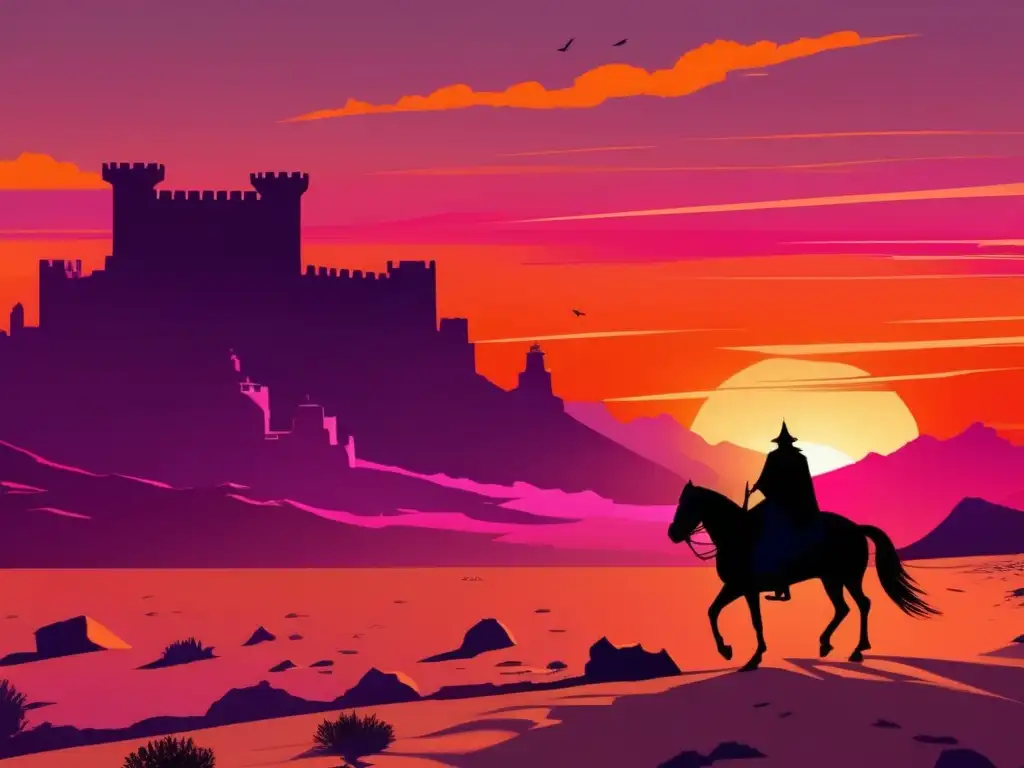 Un poderoso líder cabalga hacia una antigua fortaleza en un paisaje desértico al atardecer