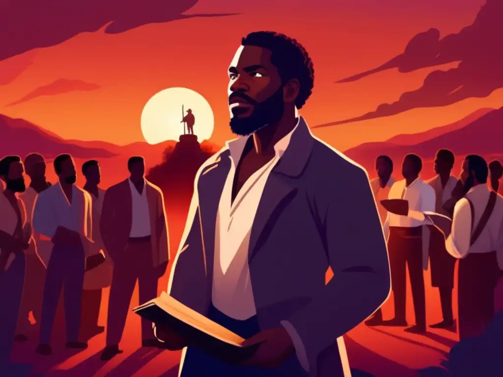 Un poderoso y moderno dibujo digital de Nat Turner liderando a sus seguidores en una rebelión religiosa, con intensidad y convicción espiritual