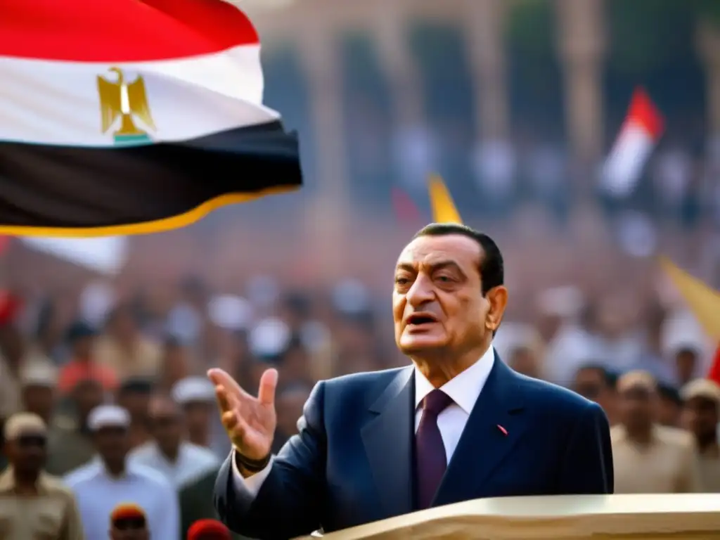 Hosni Mubarak, líder poderoso, habla ante multitud en El Cairo, con la bandera egipcia ondeando