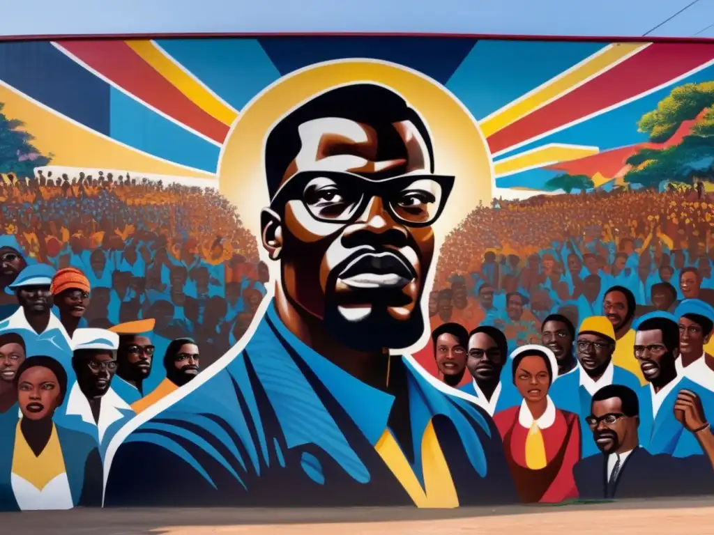 Un poderoso mural vibrante muestra a Patrice Lumumba liderando la lucha por la independencia, con una multitud levantando los puños en solidaridad