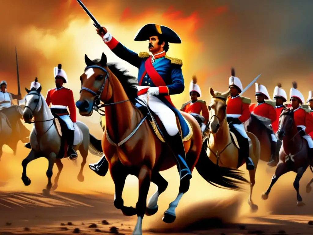 Un poderoso retrato digital de Simón Bolívar liderando una carga a caballo, rodeado de soldados revolucionarios en plena batalla