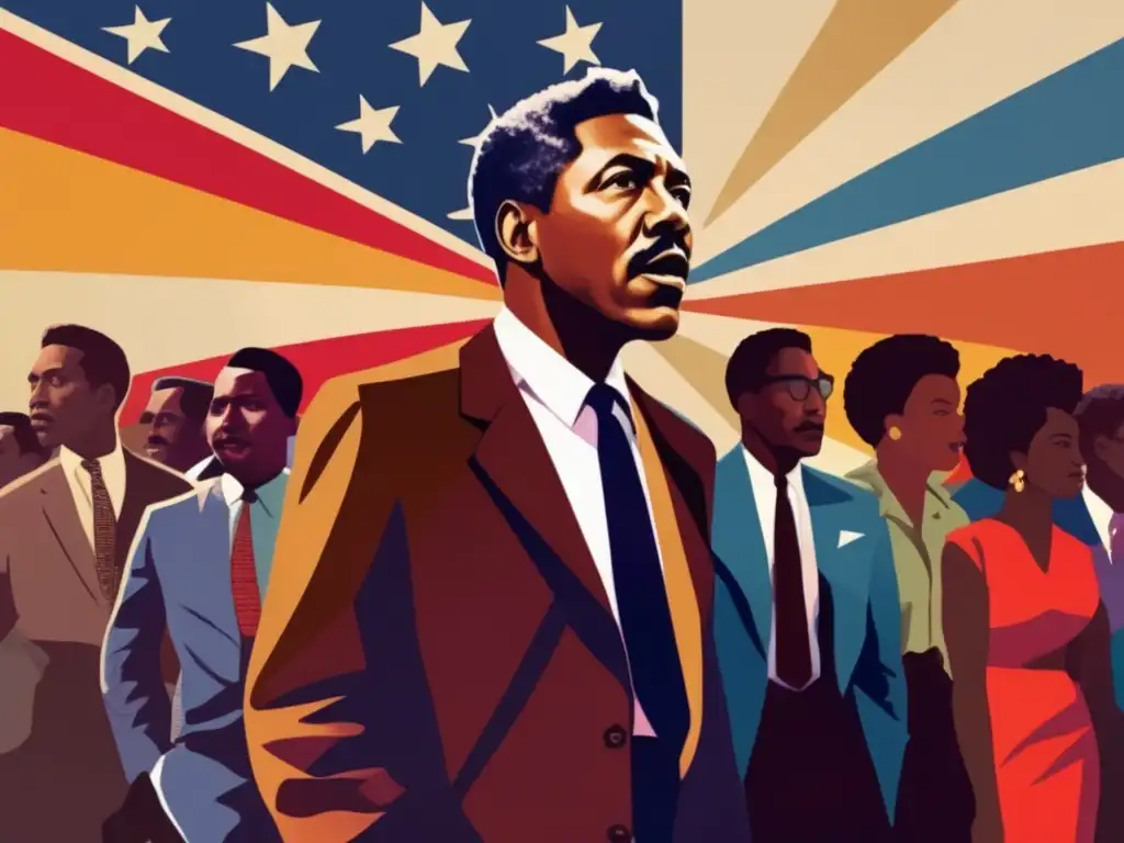 Un poderoso retrato digital de Bayard Rustin liderando estratégicamente un grupo diverso de activistas por los derechos civiles
